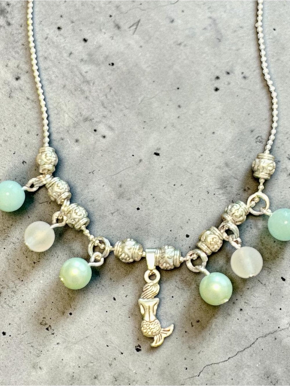 Sterling Silver Mermaid Pendant Necklace with Mint and Opalescent Beads